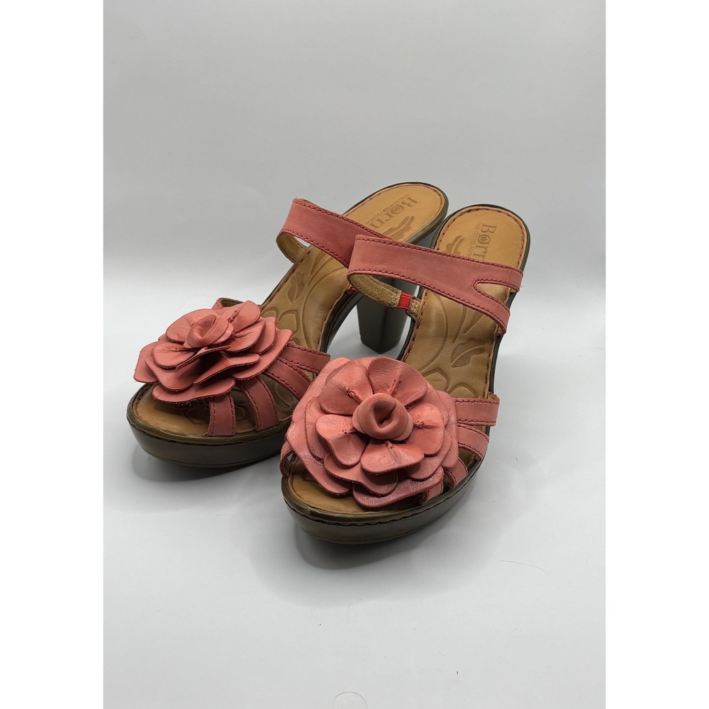 Born Platform Sandals Pink Excellent Leather Floral Block Heel Slides W52185